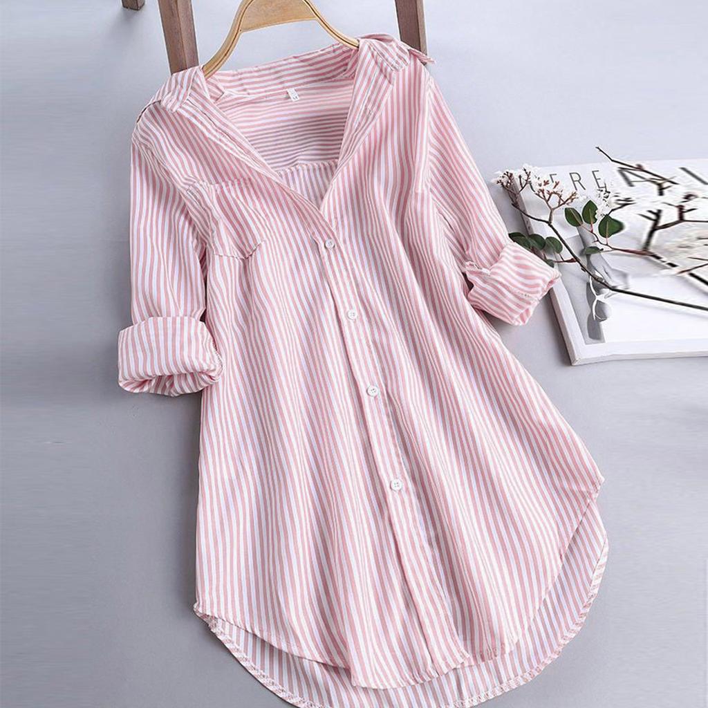 Women's Striped Printed Long Sleeve Half Button Summer Casual Fitted Shirt