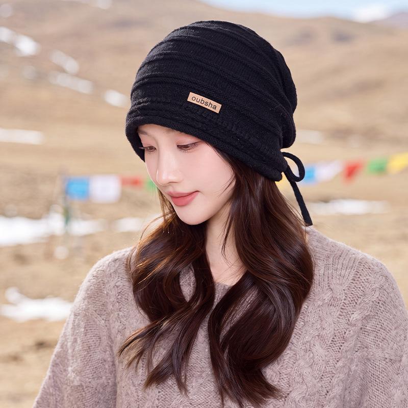 Autumn and Winter Drawstring Knitted Stacking Hat Adjustable Ear Protection Versatile Headgear Outdoor Travel Warm Hat Women's