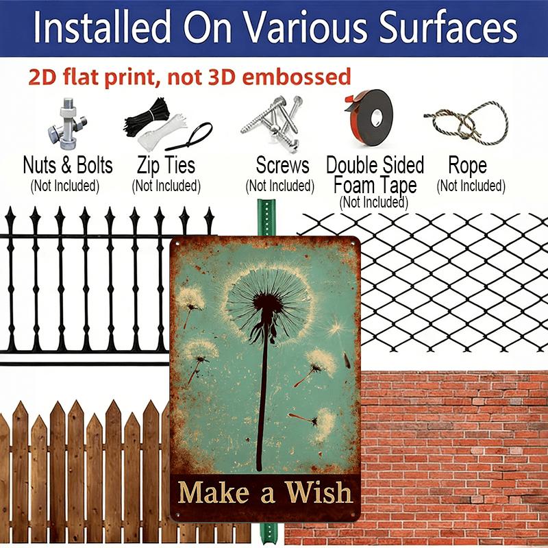 2D Flat, 1pc Vintage "Make A Wish" Dandelion Aluminium Sign - 8"x12" Rustic Floral & Whimsical Decor, Dreamy Dandelion Wall Art, Perfect Gift for