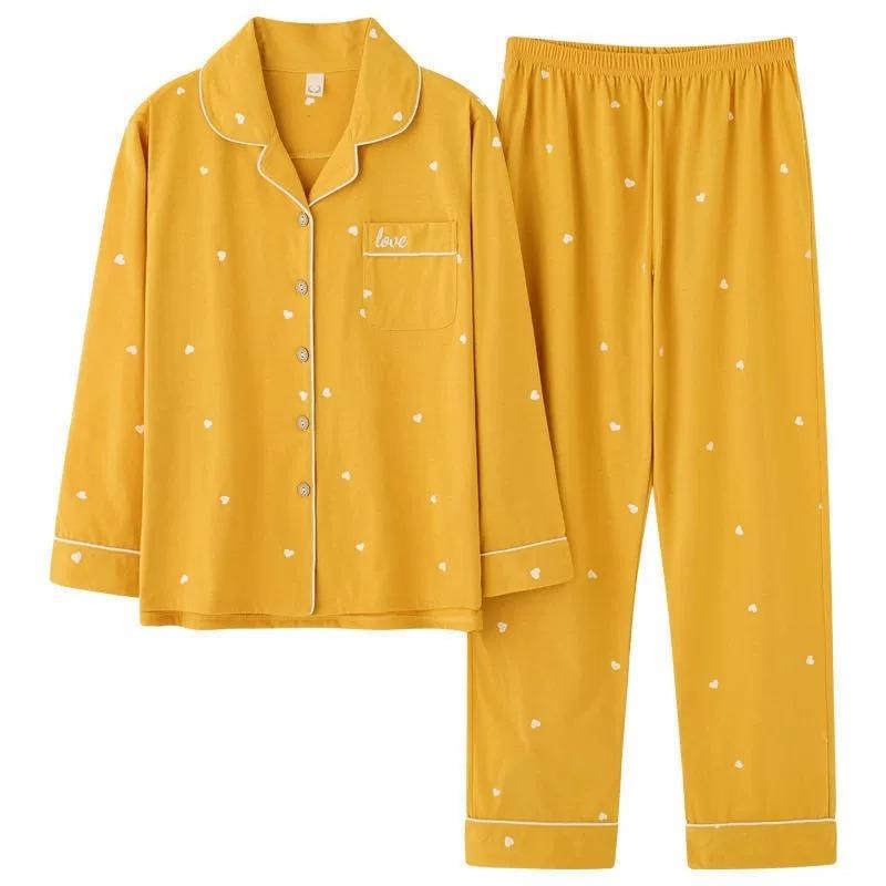 Pigiama in Cotone da Donna Primavera e Autunno Manica Lunga Indumento Esterno Servizio Casalingo Coreano Completo Camicia e Pantaloni a Manica Lunga