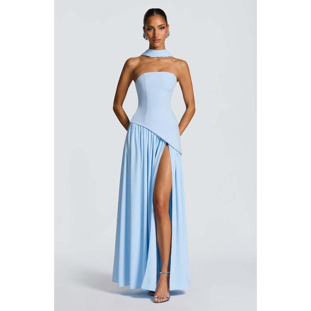 Women's Tube Top Solid Color Split Dress Fashionable and Sexy Halter High Split Dress
