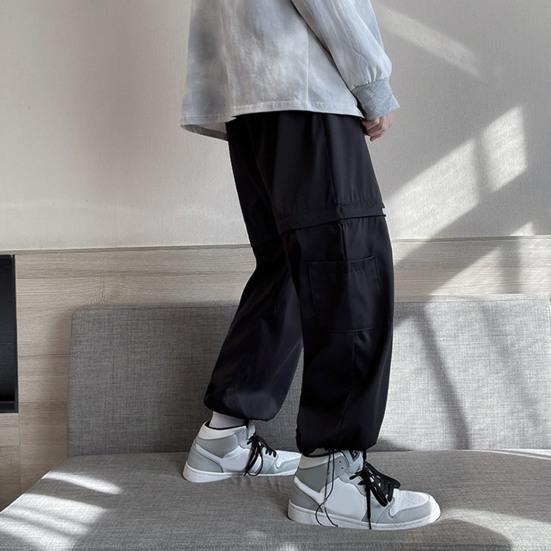 Men Pants Zipper Detachable Solid Color Elastic Waist Drawstring Loose Streetwear American Temperament Straight Wide Leg Cargo Pants Men Clothes