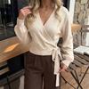 2026 Solid Color Wrap Tie V-Neck Sweater Casual Long Sleeve Pullover Women