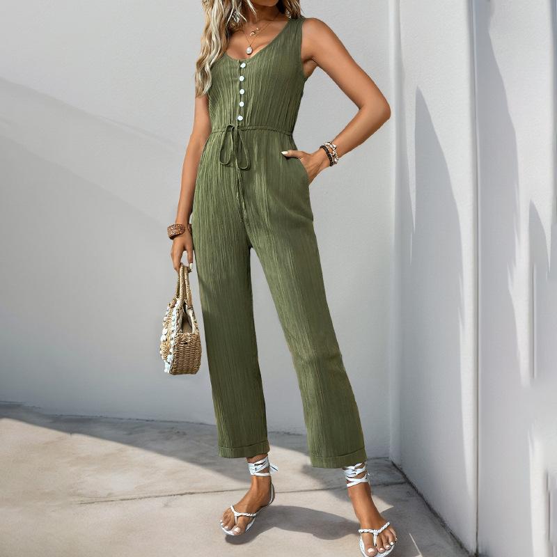 VEZFAA Women's Fashion Casual Summer Spring Solid Color Print Sleeveless V-Neck High Waist Trousers Jumpsuits & Rompers