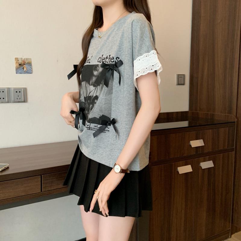 Women s Lace Patchwork Floral Bow Short Sleeve Slimming Plus Size T-shirt 4XL