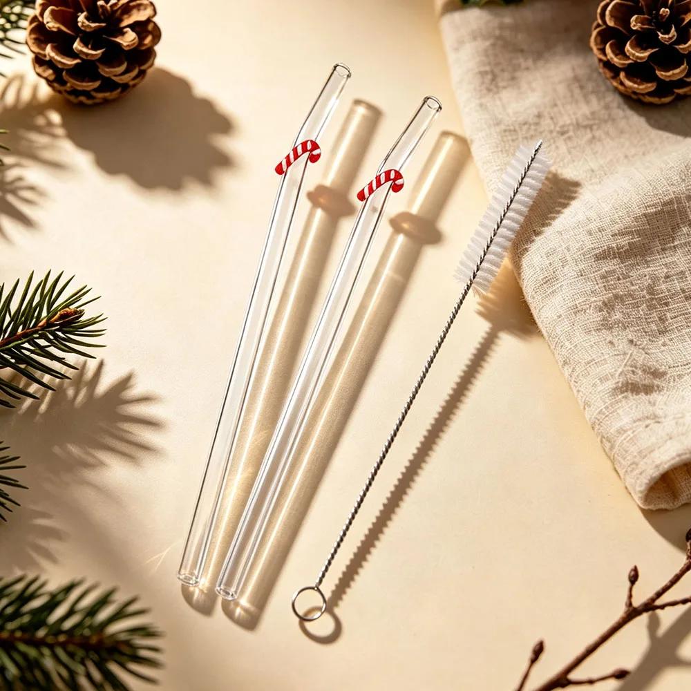 2Pcs Christmas Reusable High Borosilicate Glass Drinking Straws Set Set with 1Pc Brush Milk Shake Coffee Cocktail Straw Bar