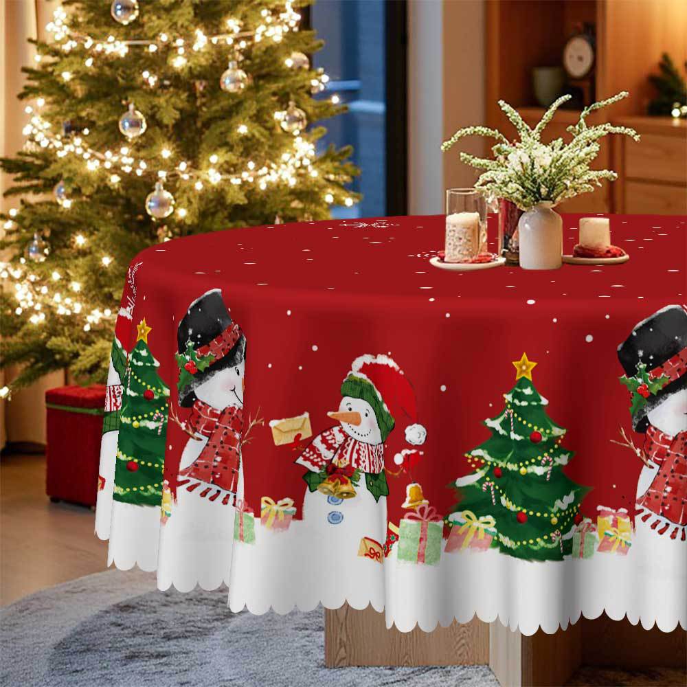 Christmas Tablecloth, Christmas Red And White Tablecloth, Snowman Christmas Tree Gift, Waterproof Wavy Edge, Home Table Decoration