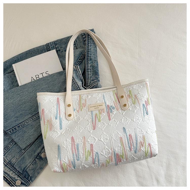 Large Canvas Embroidery Tote Bag for Women - Versatile, Casual Shoulder Bag, Perfect for Autumn 2024.