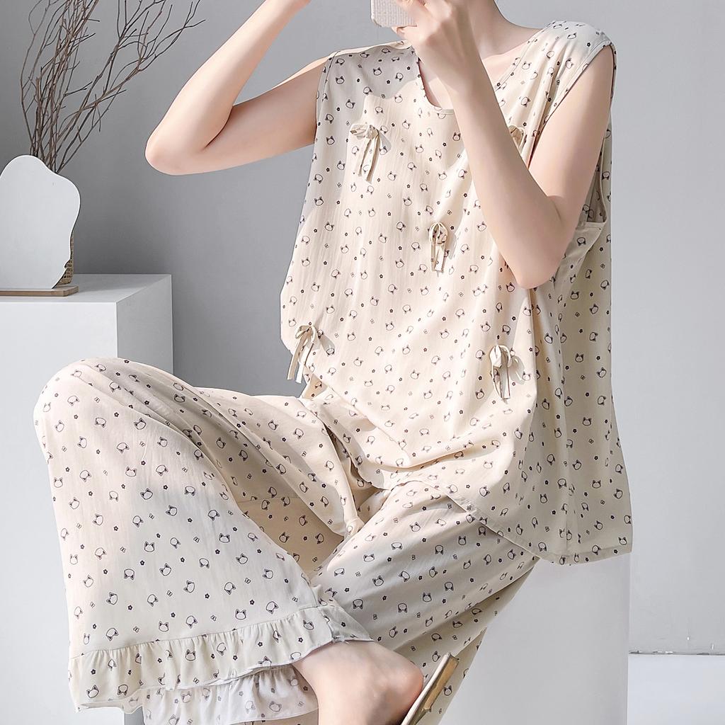 1011 new pajamas with chest pads women's summer sleeveless printing high-end loungewear anti-bumping cotton and silk suit thin