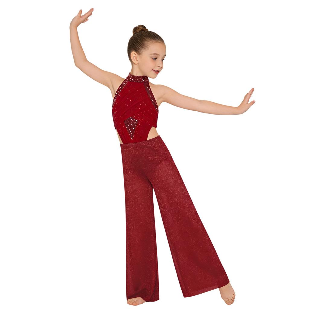 Modern Dansdräkt för Flickor: Ärmlös Bodysuit med Utskärningar, Strassprydd Överdel och Vida Ben för Balett Lyrical Latin Jazz