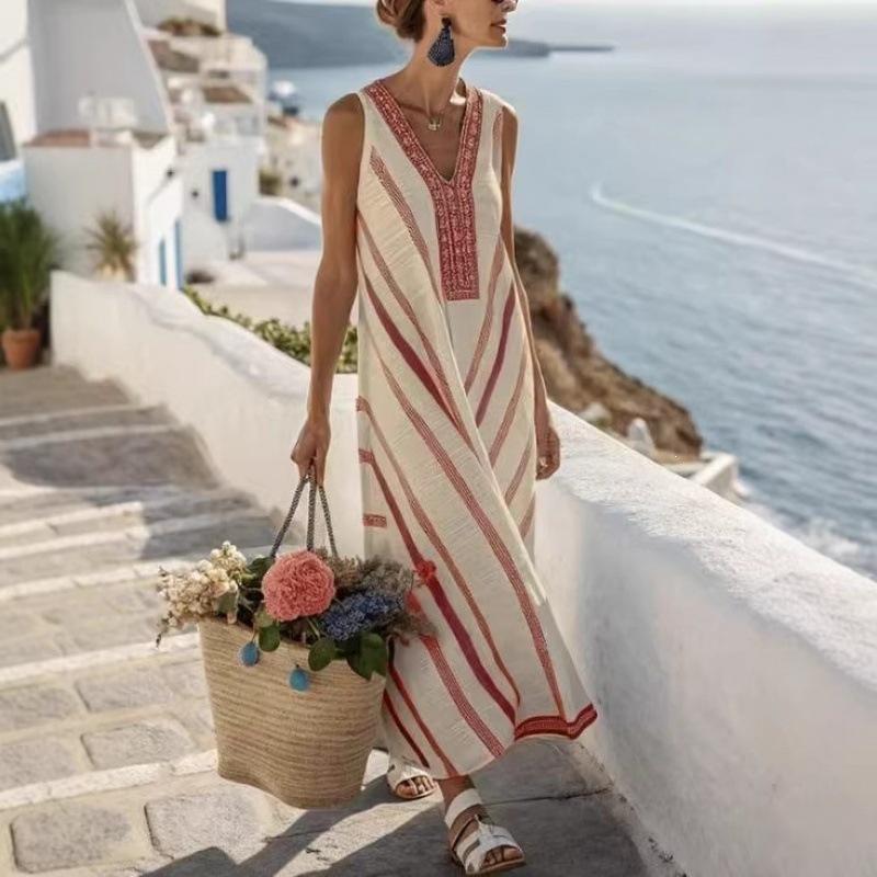 2026 New 3D Printed Holiday Wind V-Neck Striped Sleeveless Dress Women s Summer Loose Beach Dress S