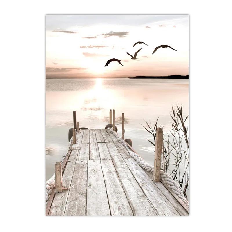 Beige Landscape Sunset Bridge Poster Seaside Canvas Print Painting Reed Flower Bird Wall Art Nordic Living Room Decoration Mural