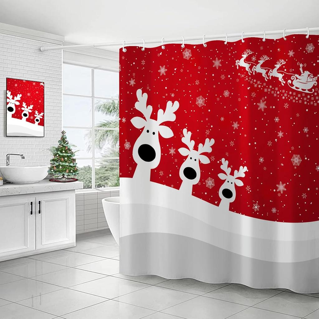 Funny Reindeer Red Christmas Shower Curtain With 12 Hooks Holiday Xmas Christmas Shower Curtains For Bathroom Christmas Decor,