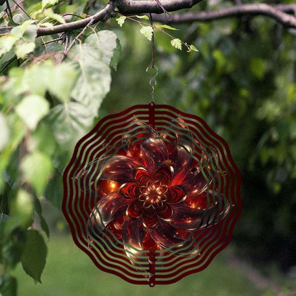 Deep Red Golden Floral Wind Spinner 10 Inch Metal Garden Decor for Outdoor All Seasons 360 Degree Hanging Hook Creative Gift