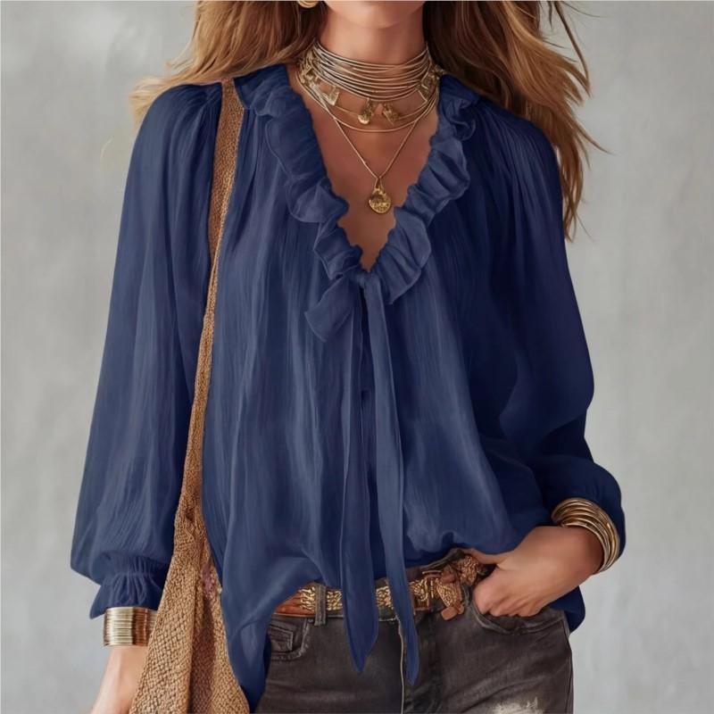 Damen Sommer Weißes Hemd Einfach Locker V-Ausschnitt Mode Uni Rüschen Spleißdesign Langarm Top Lässig Schnürung Blusen Damen