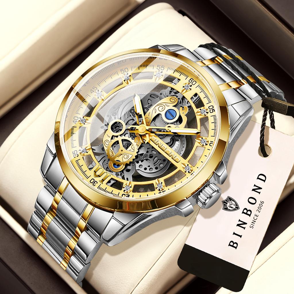 BINBOND Luxury Vintage Hollow-Out Quartz Wristwatch for Men Luminous Waterproof Accurate Durable Men's Watch Casual Reloj+Box