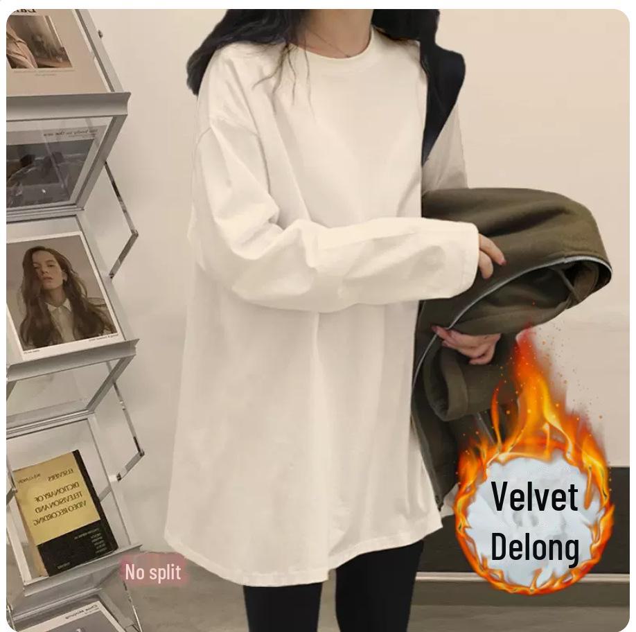 White Long-Sleeve Cotton Sweater Tunic for Women - Mid-Length, Velvet-Lined, Butt-Covering. Perfect Autumn/Winter Layer.