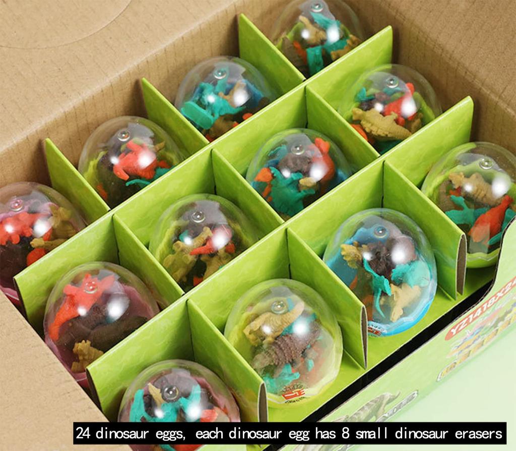 Ranvi Dinosaurier-Bleistiftgummi mit 24 Mini-Dinosaurier-Tier-Spielzeugen für Tier-Radiergummis für Party und Schulbedarf 168-teilige Eier, Radiergummis,