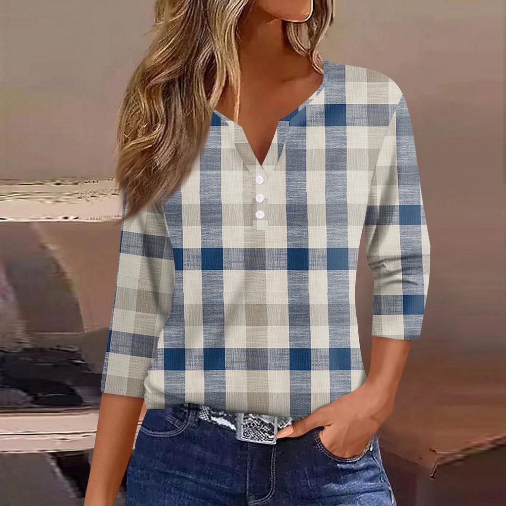 Damen T-Shirt Tee Bedruckt Knopf 3/4 Ärmel Tunika Täglich Wochenende Mode Basic V-Ausschnitt Reguläres Oberteil