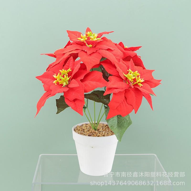 Artificial Poinsettia Silk Flower 5-Head Christmas Decor Home Holiday Party Wedding