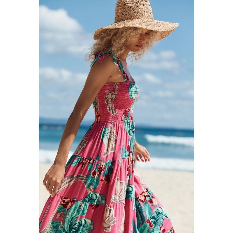 Vestido longo com estampa floral para mulheres, decote quadrado, cintura alta, sem mangas, vestido longo de verão, férias, praia, vestido respirável, fino, macio e confortável