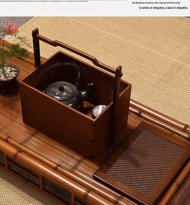 Retro Bamboo Woven Basket for Tea Set Storage | Bamboo Handle Food Container | Chinese Gongfu Tea Storage Box