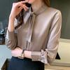 Elegant Satin Blouse For Women Long Sleeve Lady Office Silk Shirts With Bow Stand Collar Solid Tops Female Clothing Blusas 19261