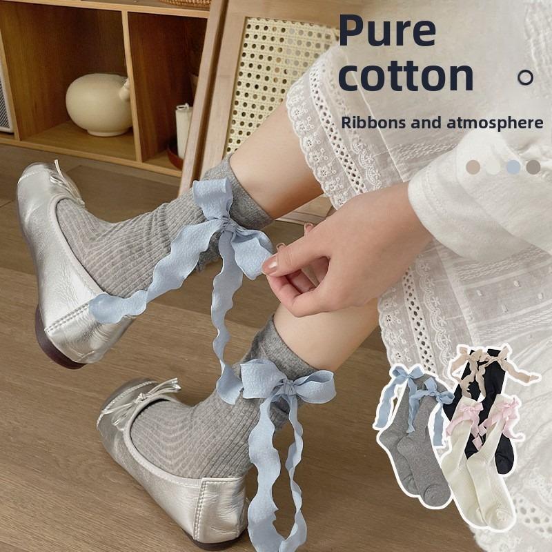 Female Spring and Summer Thin Sweet Heel Ribbon Bow In The Tube Pile Socks