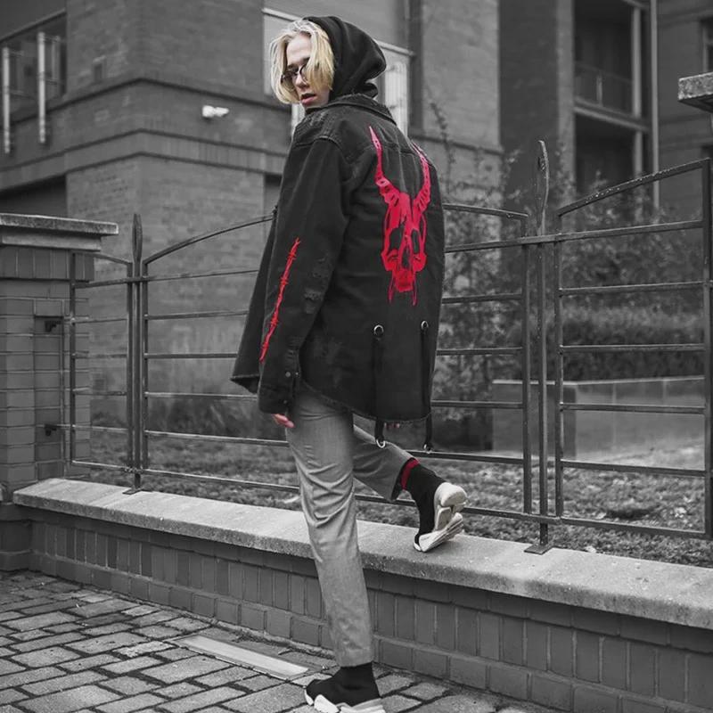 European & American Skull Denim Jacket - Men's Long-Sleeve Lapel Coat, Large Size, Versatile for Spring & Autumn.