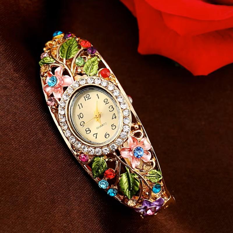 Vintage Retro Women Colored Crystal Bracelet Alloy Bangle Watch Girl Role Playing Princess Flower Leaf Wristwatch Fashion