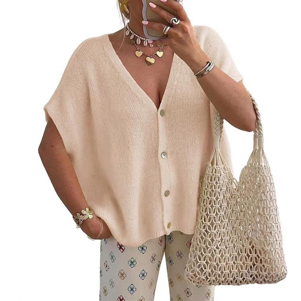 Women's Short-sleeved V-neck Cardigan Loose -sleeved Knitted Vest -Color Button Sweater Top