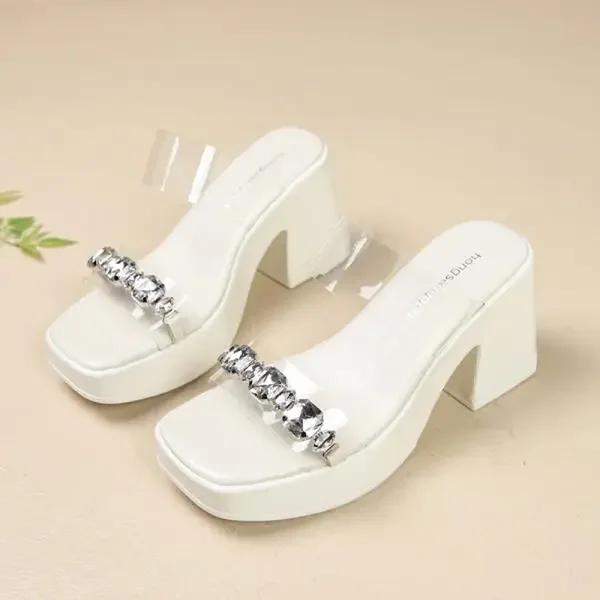 Transparent Slippers Female Shoes Platform Square heel Slides Jelly Flip Flops Women Heels 2025 Block Glitter High Crystal