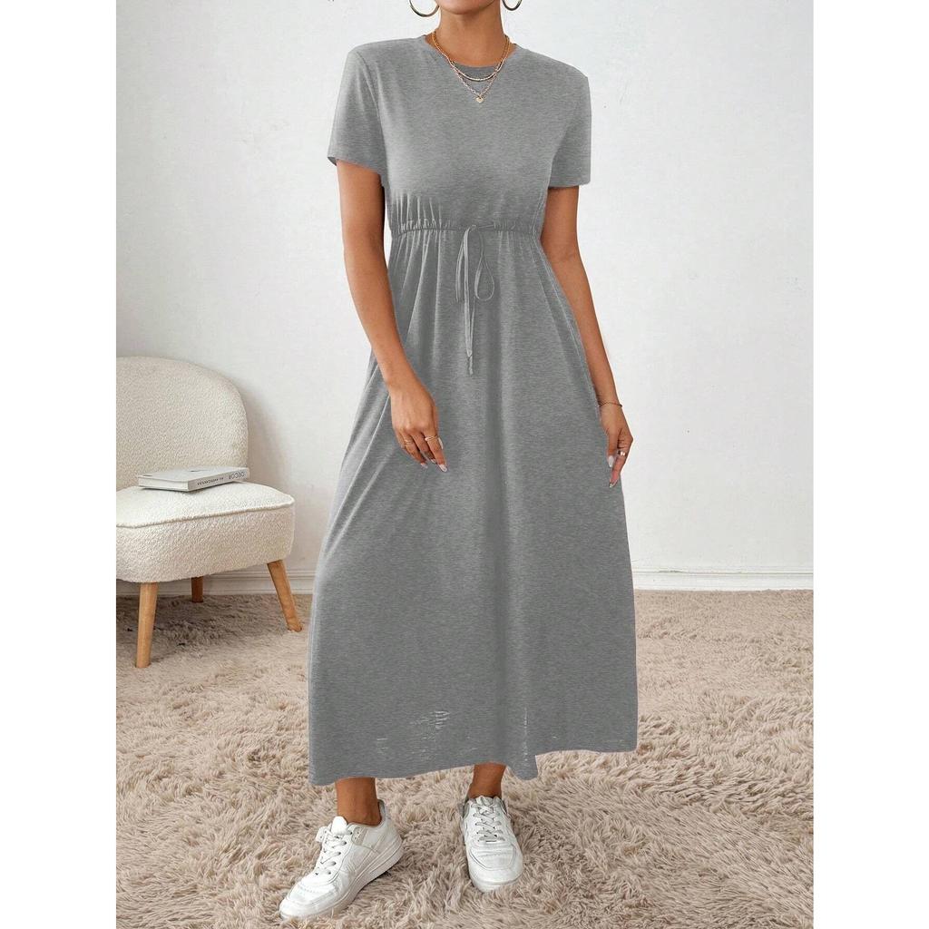 Crew Neck Solid Color Dress - Short Sleeve Drawstring Waist Side Pocket Shift Dress, Casual Breathable Cotton Tunic, Minimalist Everyday Outfit