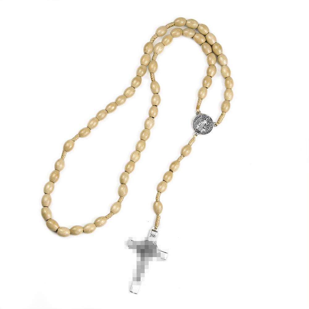 In Stock: Natural Wood Bead Cross Rosary Necklace - Hand-Woven Prayer Jewelry