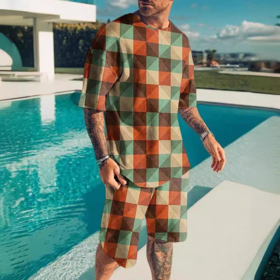 T-shirt da Uomo Manica Corta Pantaloncini Set Due Pezzi Stile Resort Moda Estate Stampa 3D