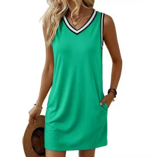2026 Women's Color Block V-Neck Sleeveless Dress - Cross-Border E-commerce Collection