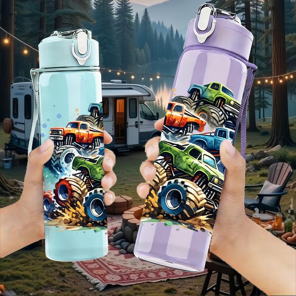 1PC Monster Truck 4 Year Old Birthday Print 750ml Color Plastic Sports Water Bottle Leakproof Flip Straw Lid Suitable for Sports Office Home Use