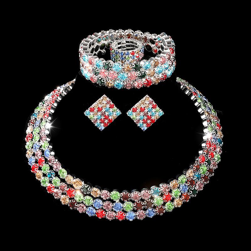 Diamond Necklace Earrings Ring Bracelet Four-Piece Set, Bridal Rhinestone Jewelry Set Ornament