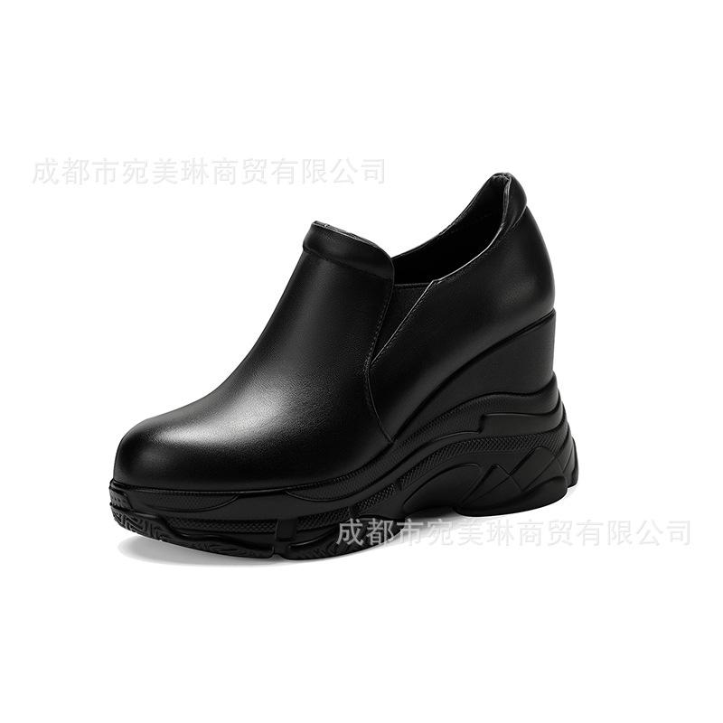 Slope heel women's single shoes 2025 new small super high heel thick sole waterproof table muffin casual shoes leather round head leather shoes