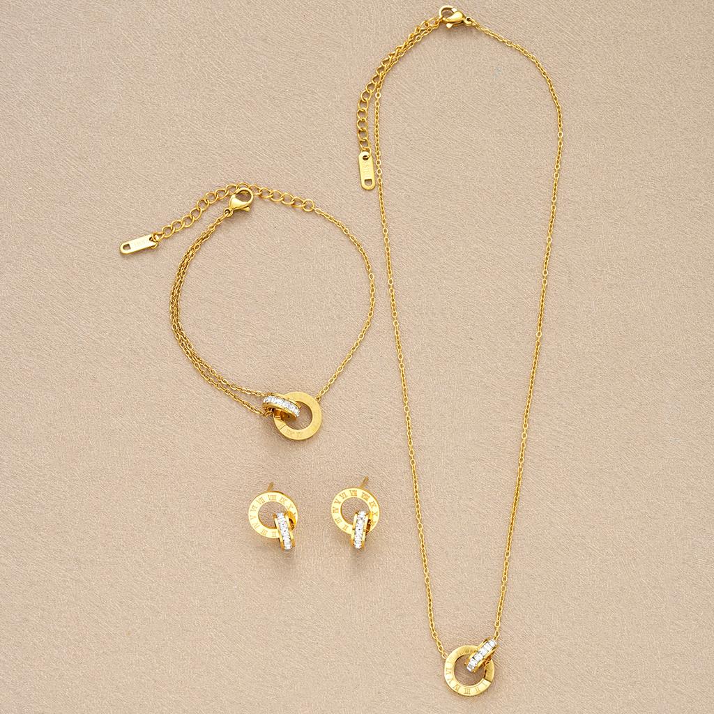 4Pcs/Set Gold Color Stainless Steel Crystal Necklace Bracelet Earrings for Women Interlocking Circles Roman Numbers Jewelry Sets