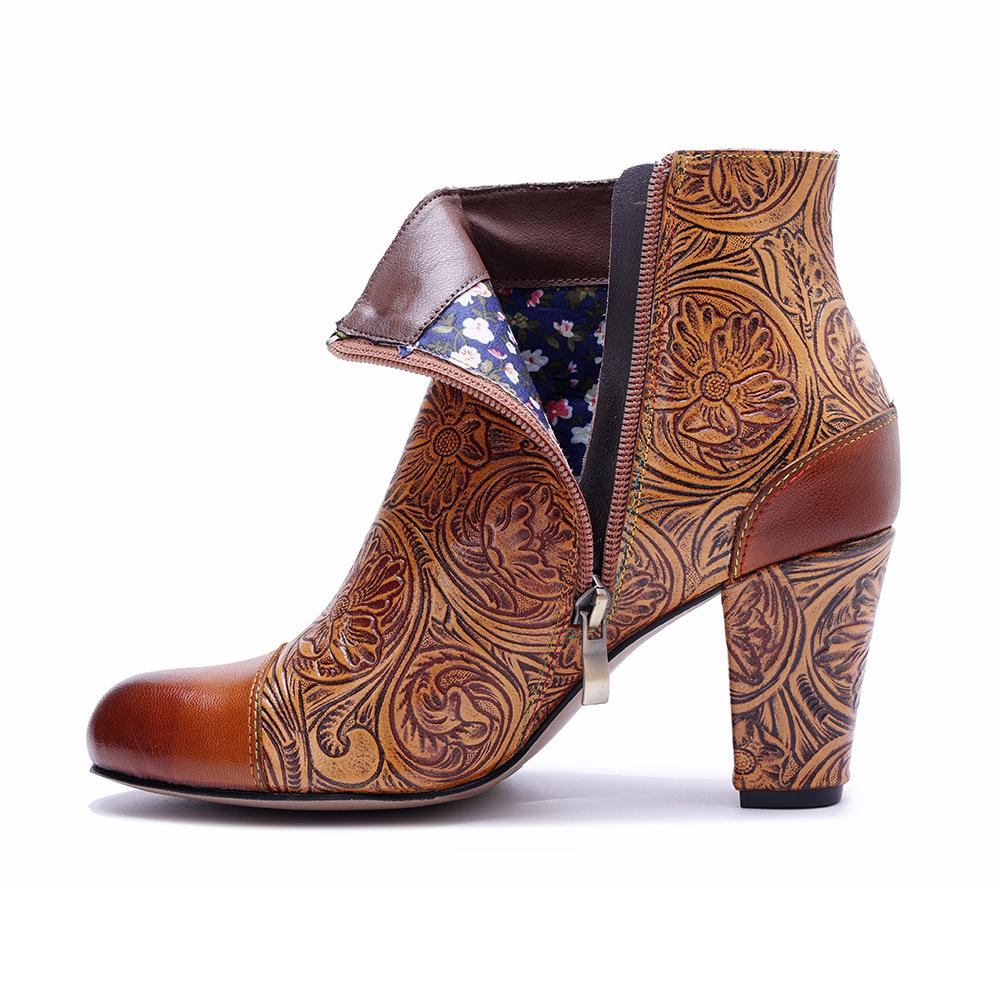 Johnature Genuine Leather Printed High-heeled Short Boots Vintage Flower Thick Heel Side Zipper Women's Boots