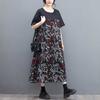 Lockeres und modisches Oversize-Netzstoff-Patchwork-Kleid mit figurschmeichelndem Schnitt, Retro-Print, weiten Ärmeln, Plisseefalten und Rundhalsausschnitt