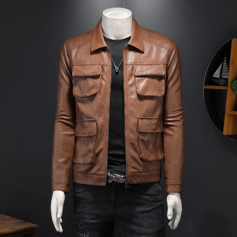 European Station Autumn and Winter New Lapel Leather Jacket Men's Trend Fashion Motorcycle Jacket Handsome Soft Leather Jacket