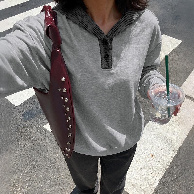 Fall New Style Hoodie - Relaxed and Feminine Style - Color-blocked, Faux Two-piece Hooded Hoodie