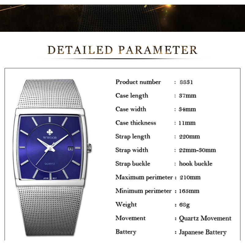 WWOOR Square Men's Mesh Strap Watch Luminous Calendar Waterproof Watch