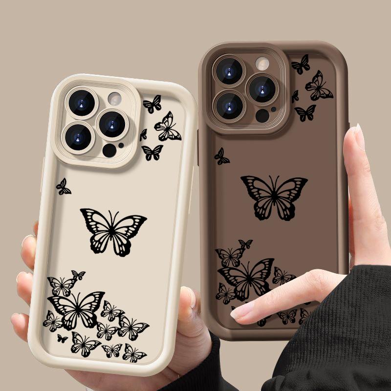 

Для iPhone 16 Pro Max 15 14 13 Pro 12 11 XR 8 7 чехол для телефона черный с рисунком бабочки противоударный матовый мягкий чехол TPU для защиты линз iPhone 15 чёрный