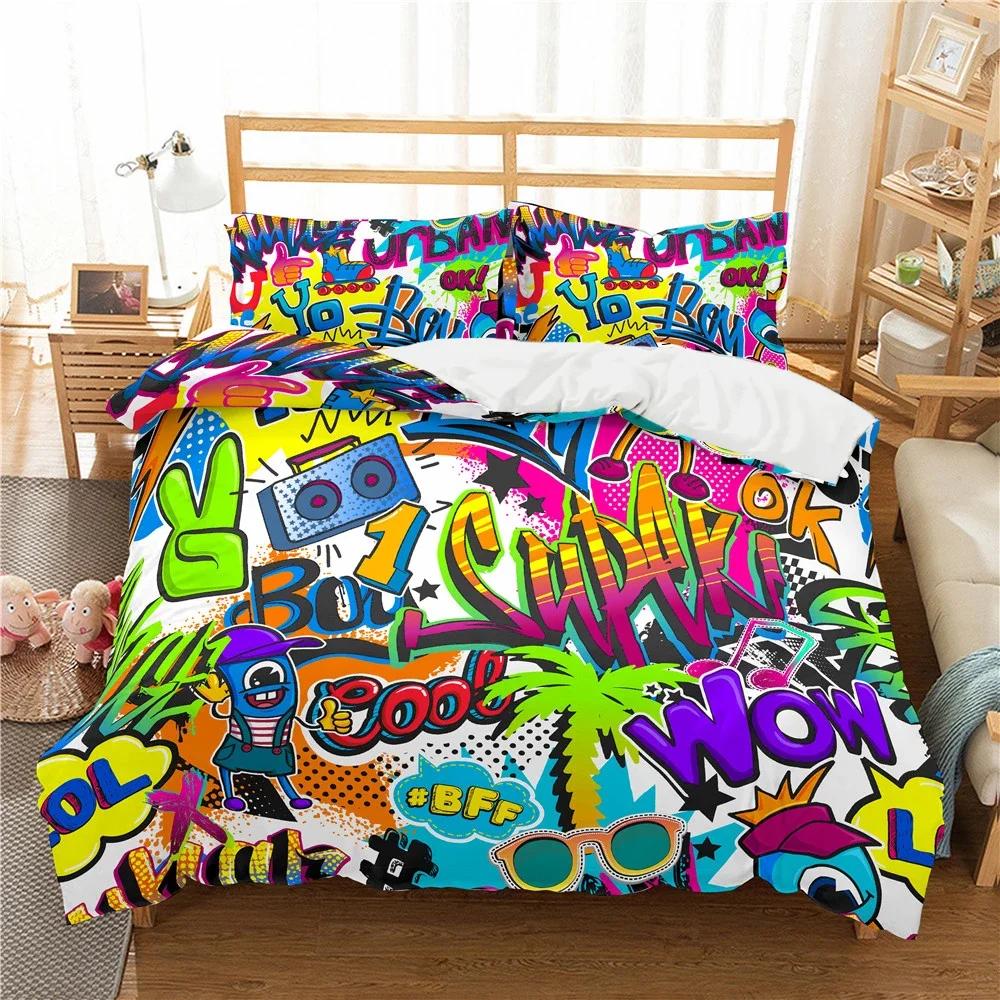 Cartoon Graffiti Print Polyester Bedding Sets Child Kids Covers Boys Bed Linen Set For Teens King Size Bedding Set
