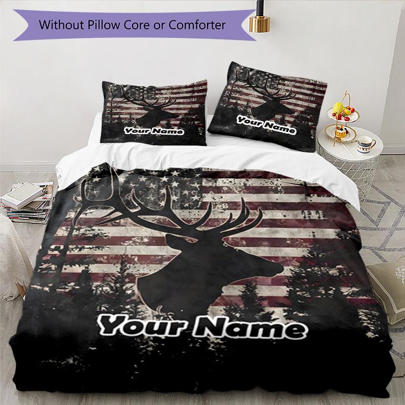 3PC Custom Name American Deer Flag Bedding Set Duvet Cover Closure Includes 1 Duvet Cover & 2 Pillowcases for Bedroom