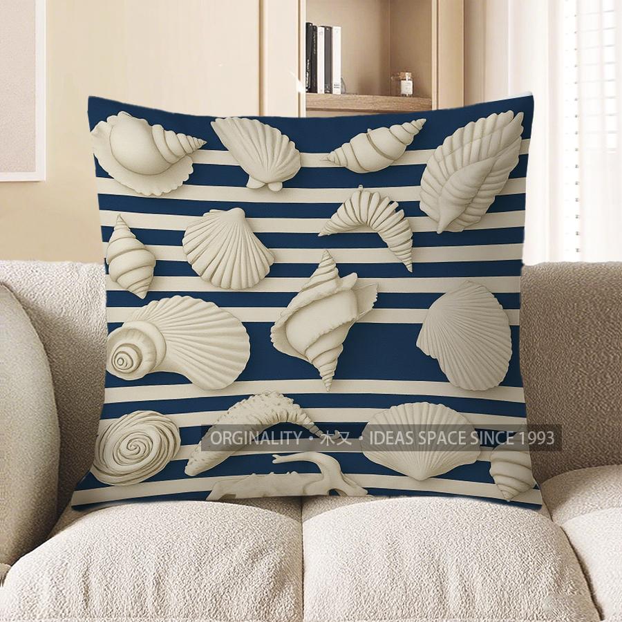 Home Decor Seashells On Blue & White Striped Pillow Cover Pattern Cushion Cover Suitable For Sofa Bedroom Car Pillow Cover