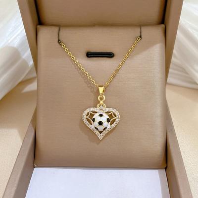 Sporty Creative Zircon Love Heart Soccer Pendant Necklace for Women Girls Stainless Steel Chain Jewelry Accessory Gifts